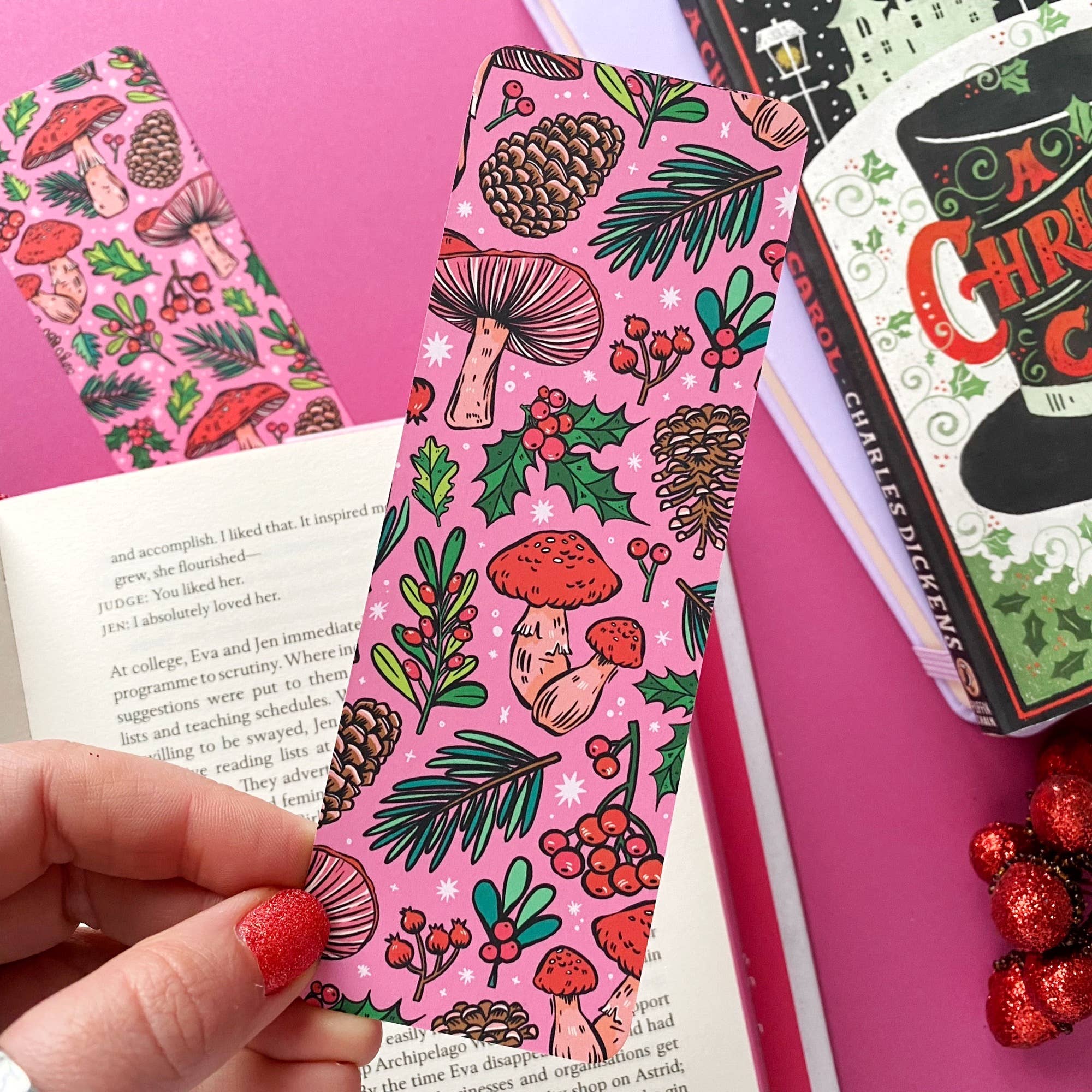 Pink Festive Winter Mushrooms Bookmark | Stacey McEvoy Caunt